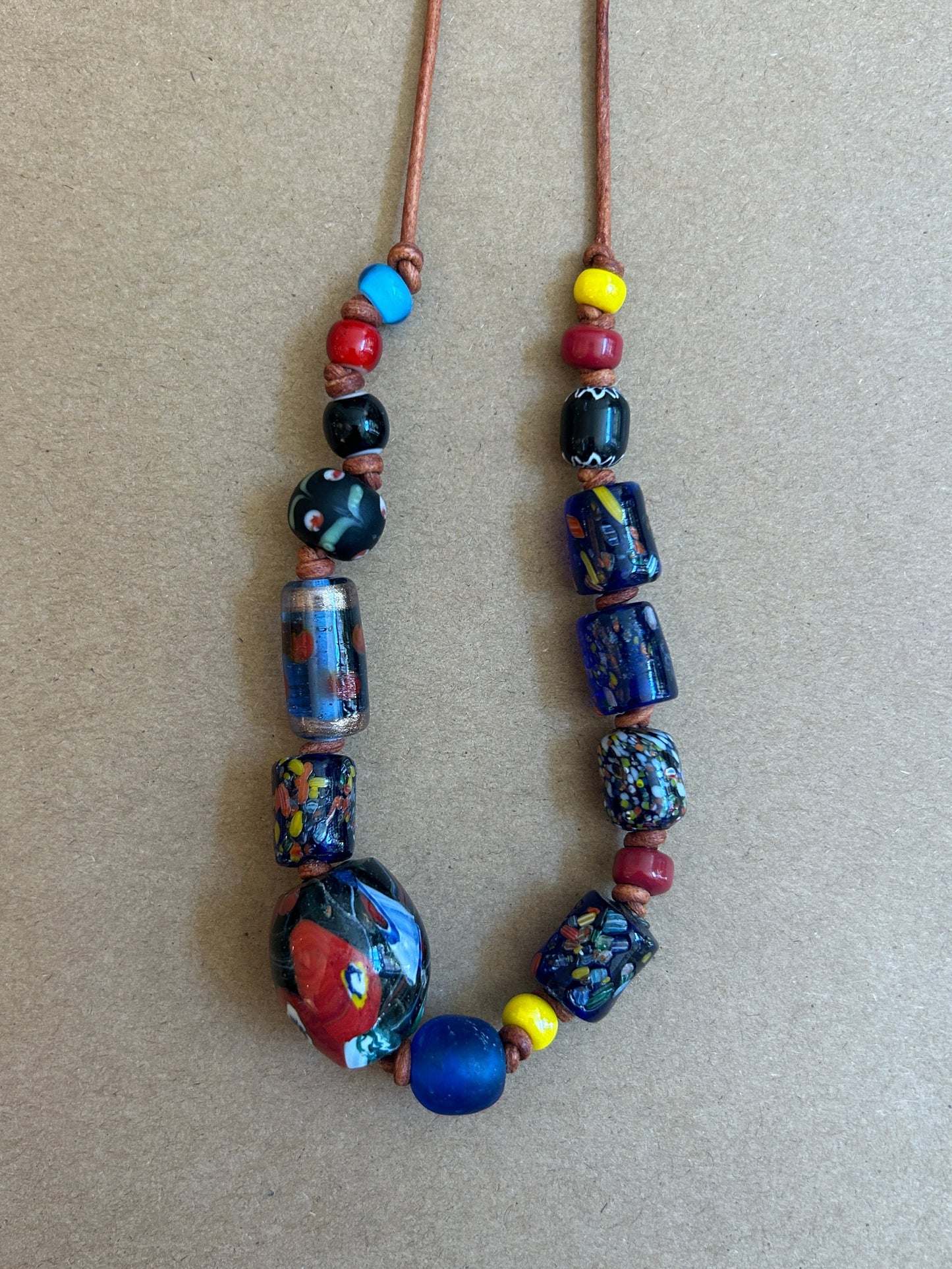 Multi-Beaded Necklace on 2mm Leather Cord - Blue Floral