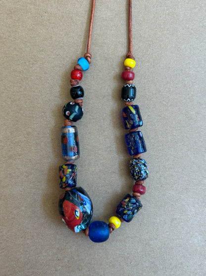 Multi-Beaded Necklace on 2mm Leather Cord - Blue Floral