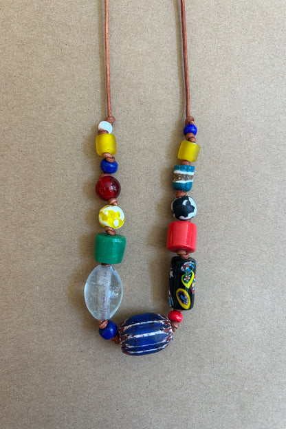 Multi-Beaded Necklace on 2mm Leather Cord - Blue Murano