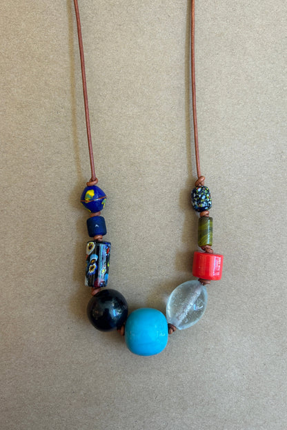 Multi-Beaded Necklace on 2mm Leather Cord - Turquoise