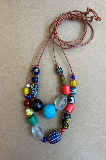Multi-Beaded Necklace on 2mm Leather Cord - Turquoise