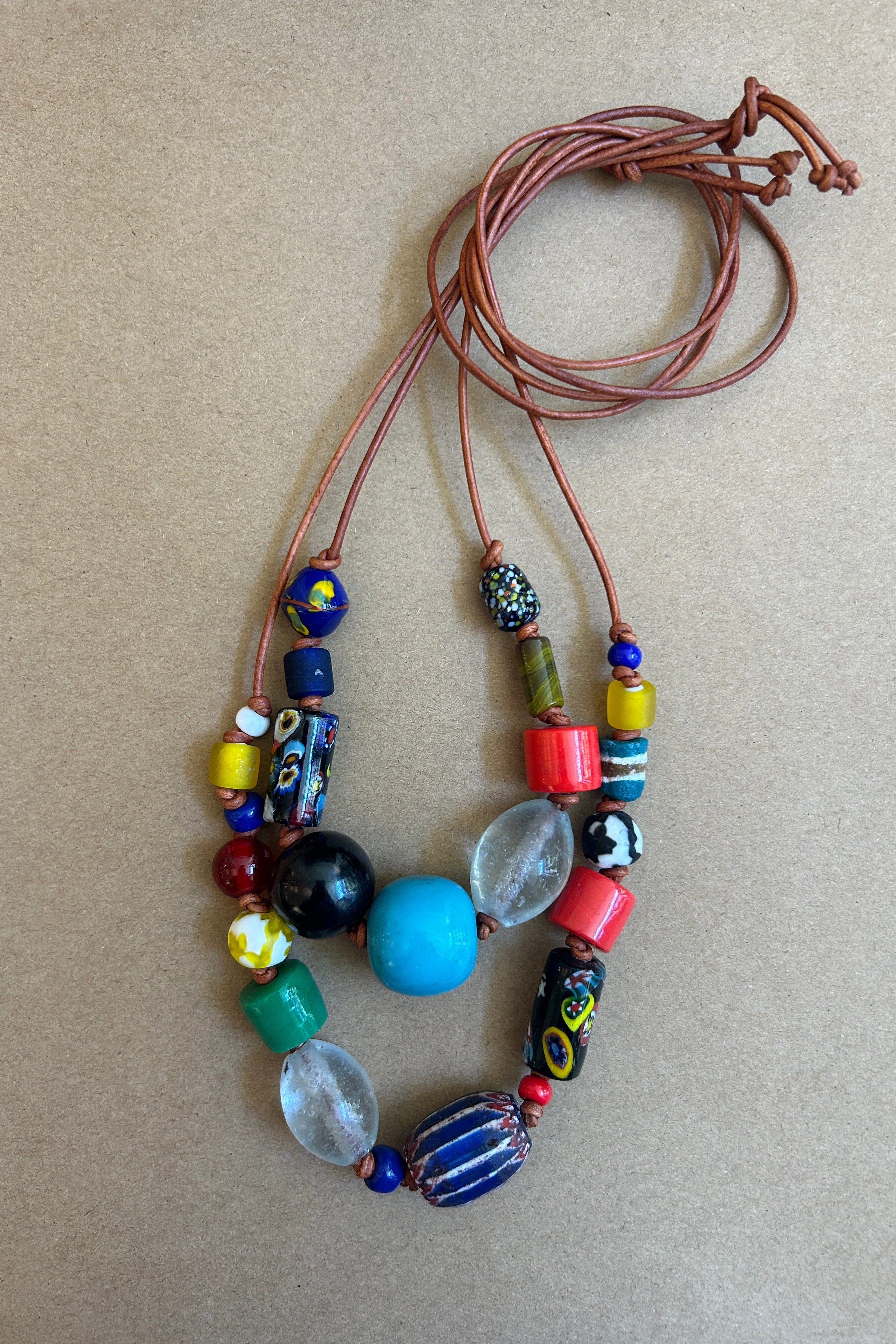 Multi-Beaded Necklace on 2mm Leather Cord - Blue Murano