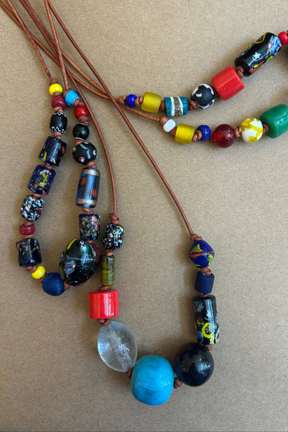 Multi-Beaded Necklace on 2mm Leather Cord - Blue Floral