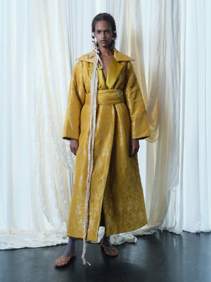 Silk Brocade Puffy Overcoat in Sun Yellow