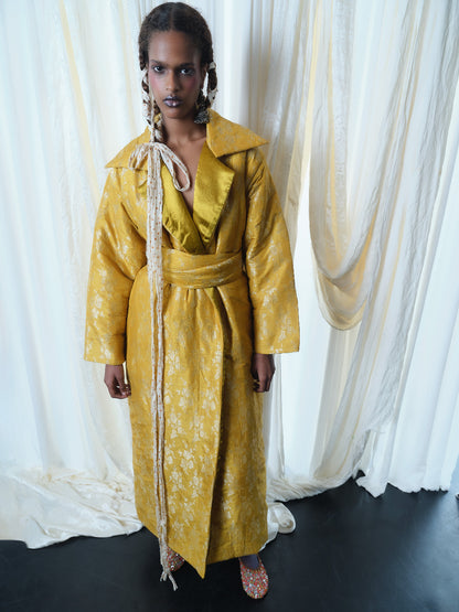 Silk Brocade Puffy Overcoat in Sun Yellow