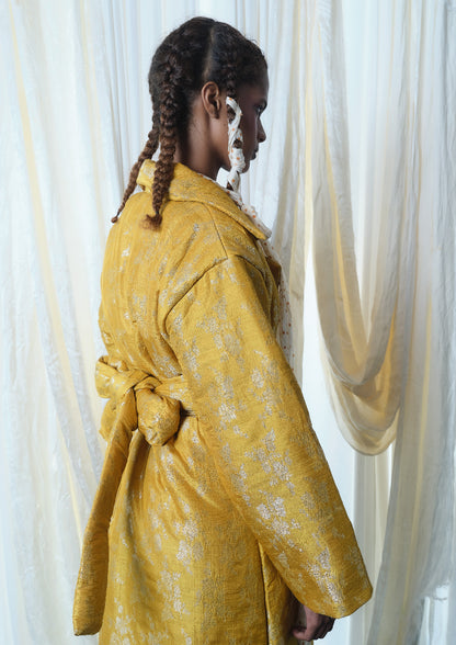 Silk Brocade Puffy Overcoat in Sun Yellow