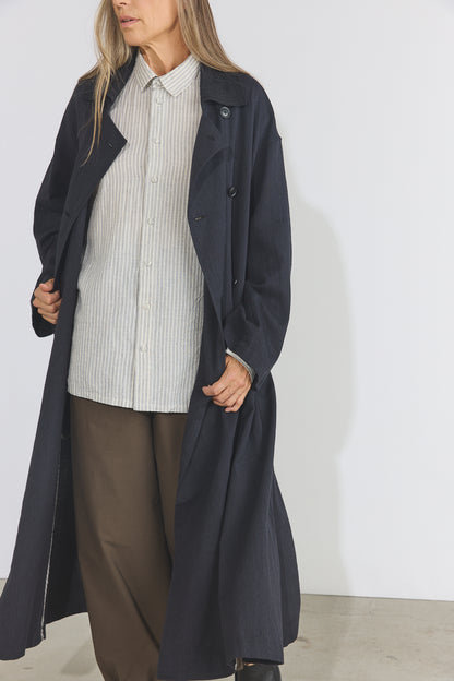 Cotton Light Twill Tribal Geometry Trench Coat - Black