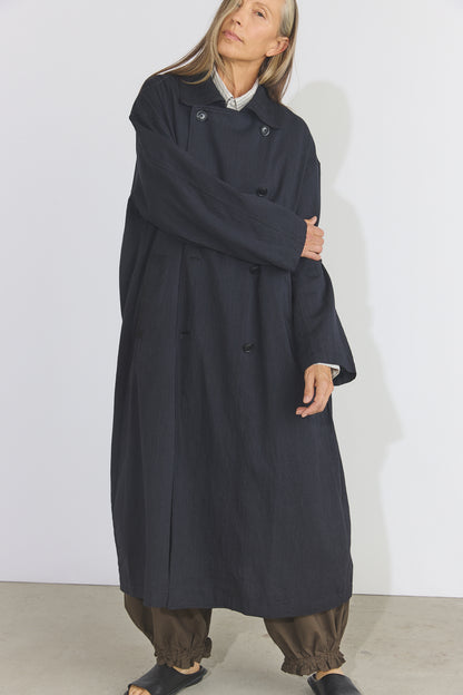 Cotton Light Twill Tribal Geometry Trench Coat - Black