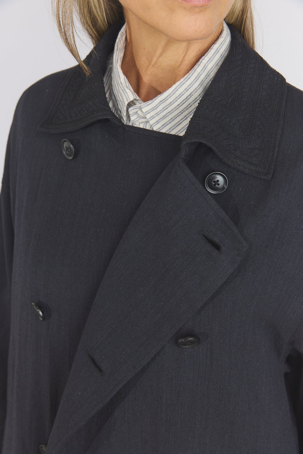 Cotton Light Twill Tribal Geometry Trench Coat - Black