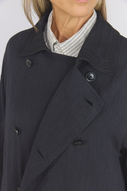 Cotton Light Twill Tribal Geometry Trench Coat - Black