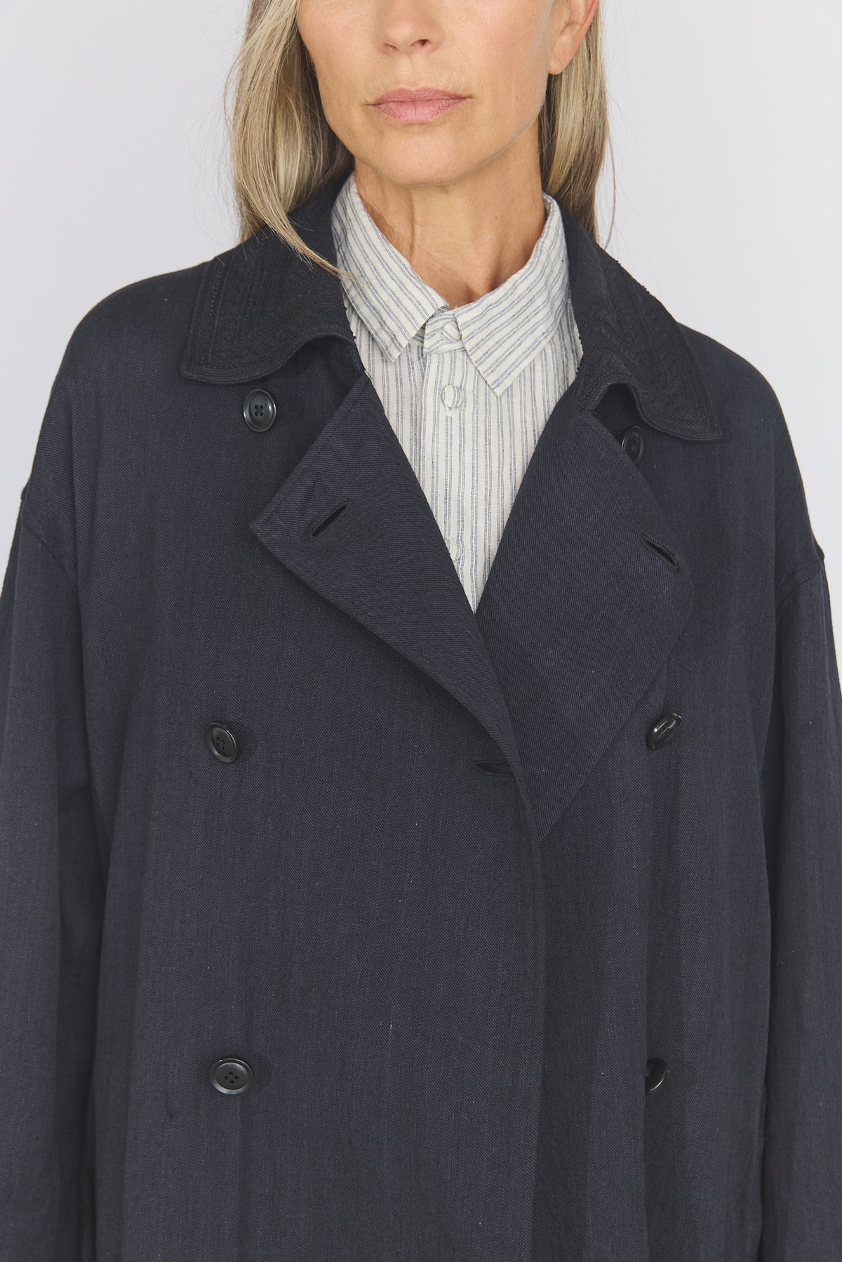 Cotton Light Twill Tribal Geometry Trench Coat - Black