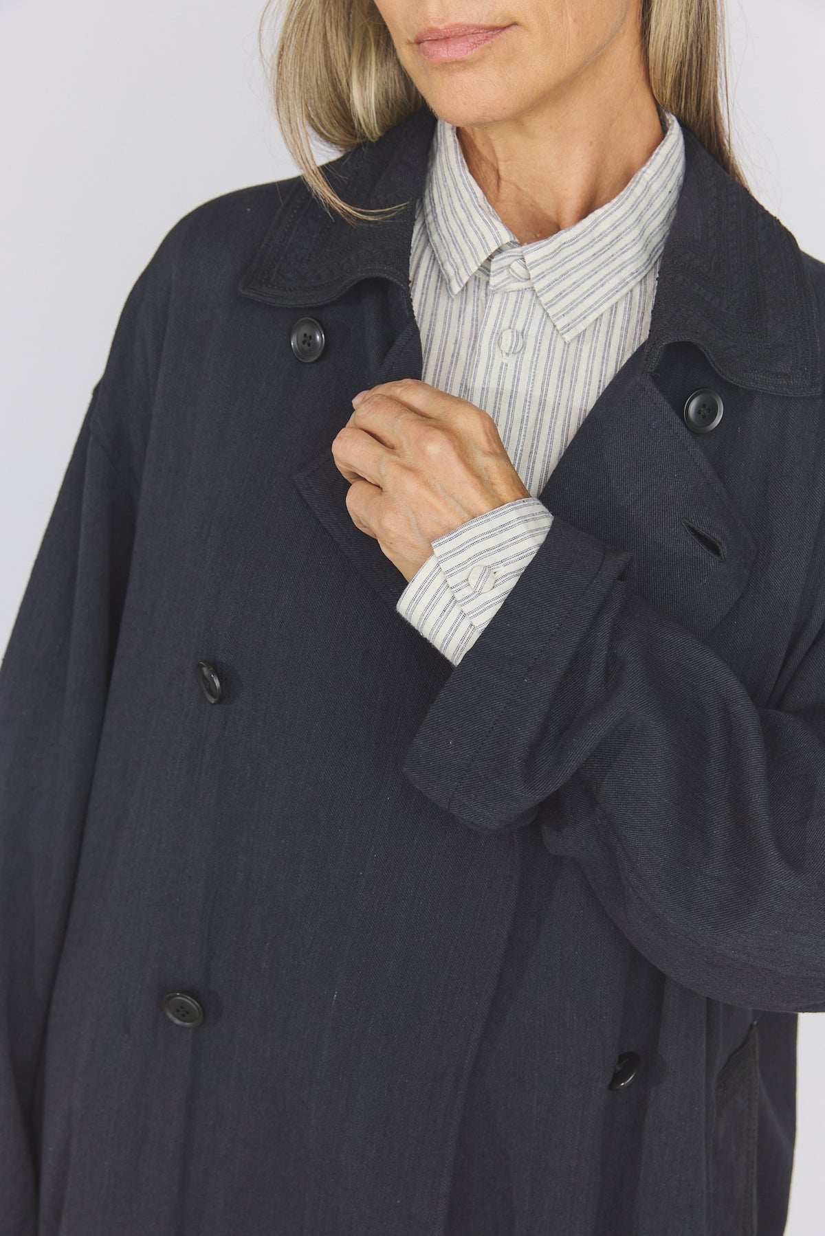 Cotton Light Twill Tribal Geometry Trench Coat - Black