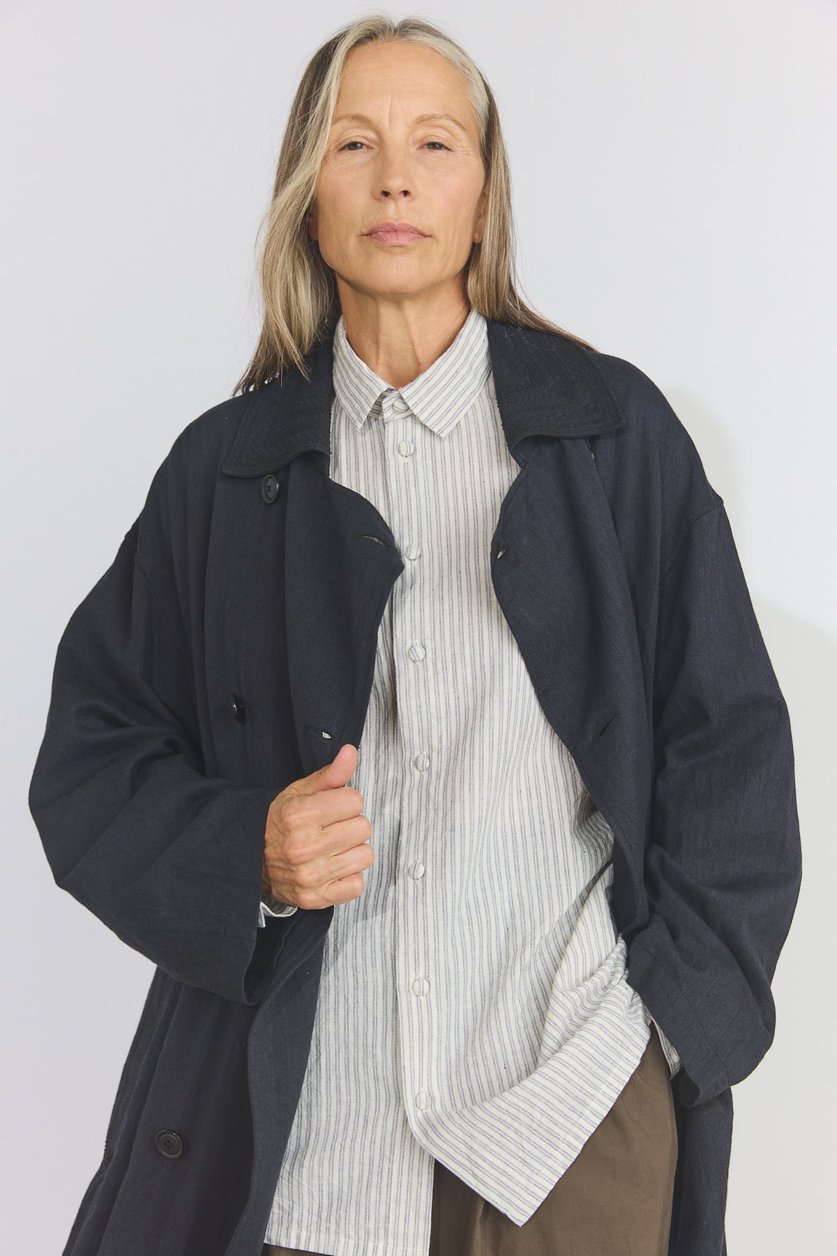 Cotton Light Twill Tribal Geometry Trench Coat - Black