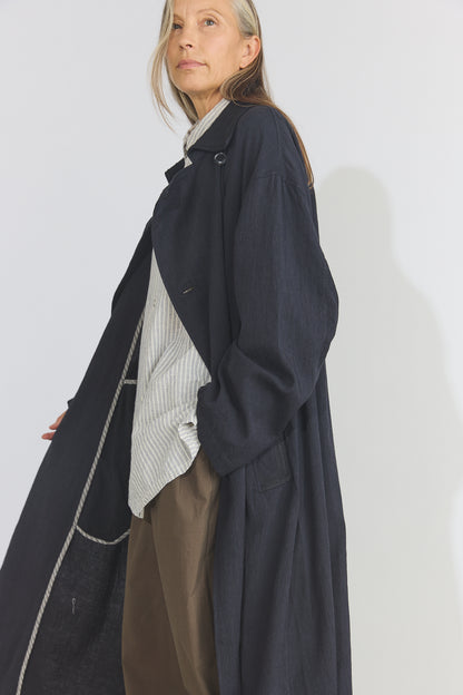 Cotton Light Twill Tribal Geometry Trench Coat - Black