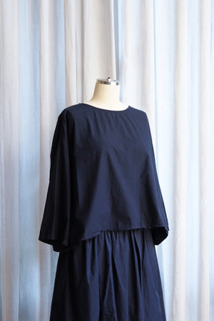 Silvie Round Neck Boxy Top - Cotton Poplin Dark Navy