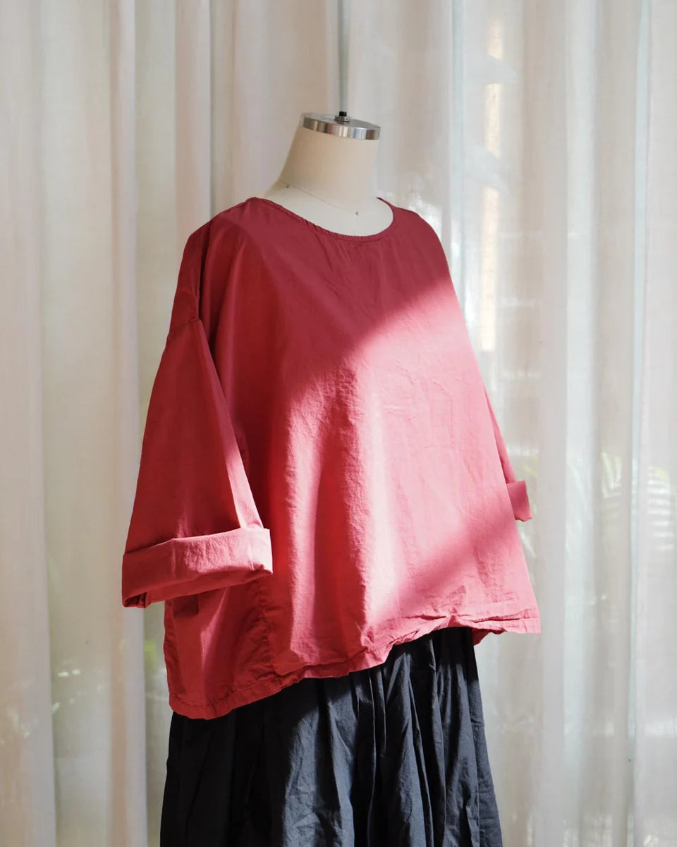 Silvie Round Neck Boxy Top - Cotton Poplin Terracotta