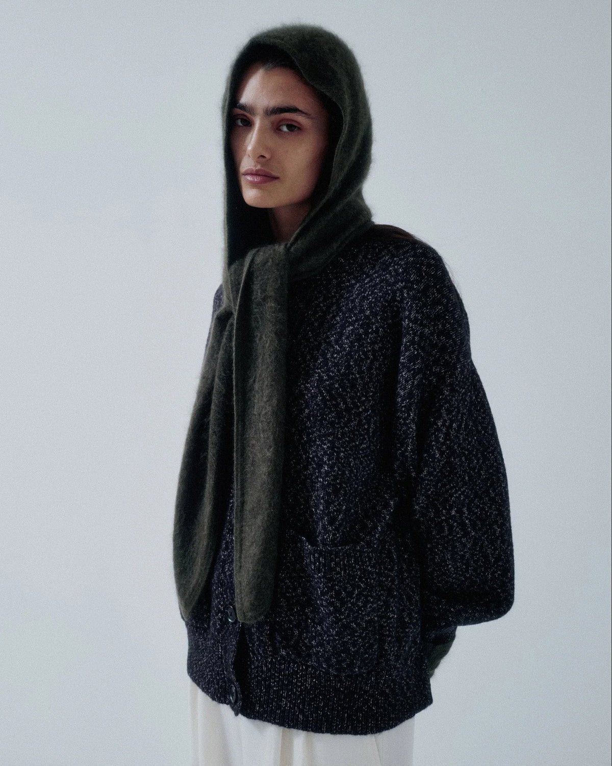 Hooded Cashmere Scarf - Olive