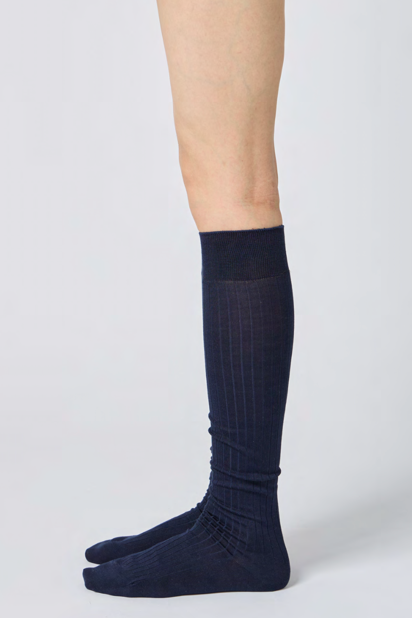 Silk Wide Ribbed Knee High Socks - Navy