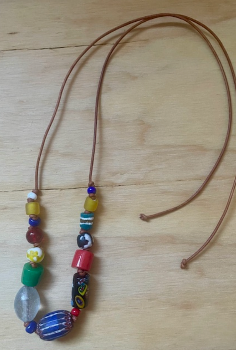 Multi-Beaded Necklace on 2mm Leather Cord - Blue Murano