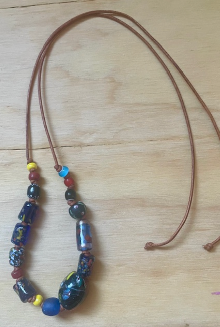 Multi-Beaded Necklace on 2mm Leather Cord - Blue Floral