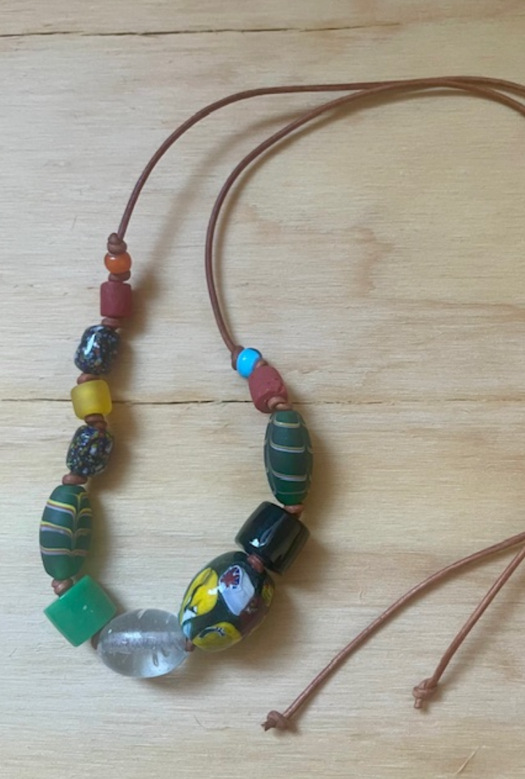 Multi-Beaded Necklace on 2mm Leather Cord - Greens