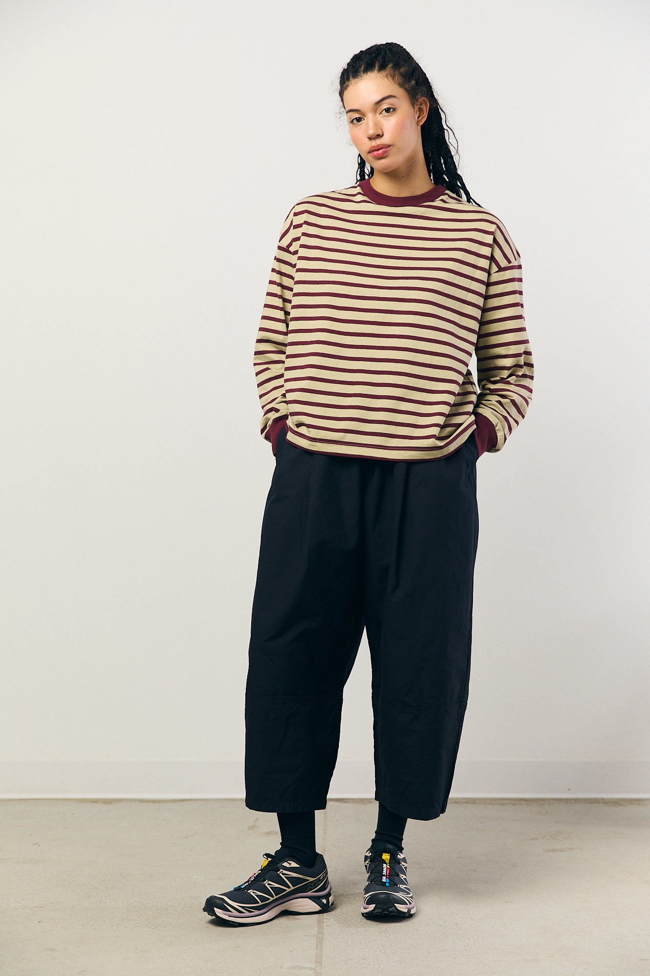 Cotton Border L/S Tee in Beige and Bordeaux