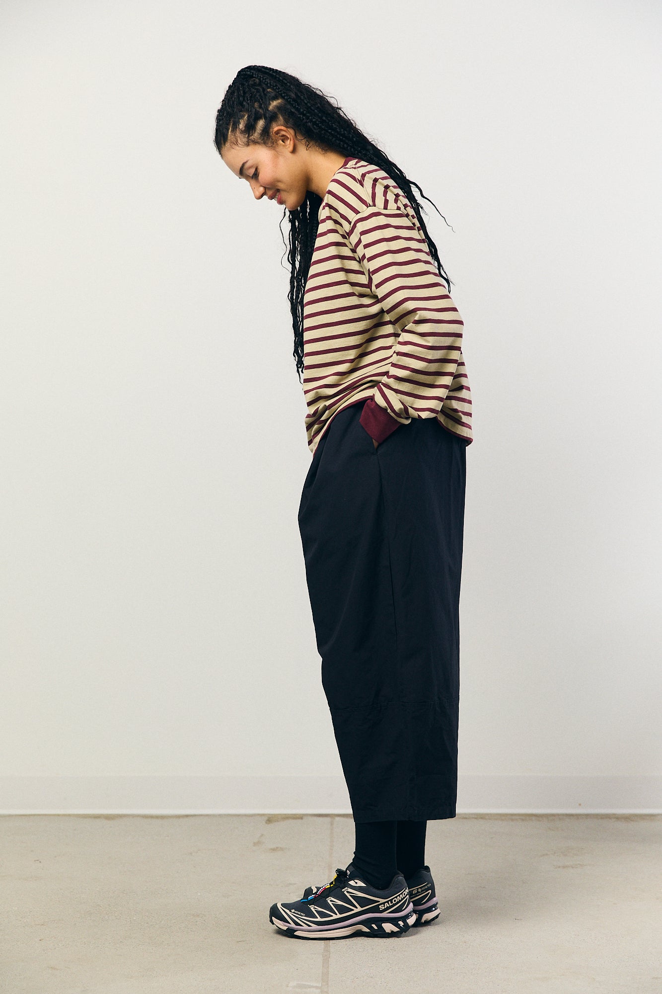 Cotton Border L/S Tee in Beige and Bordeaux