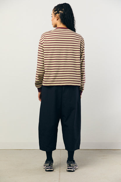 Cotton Border L/S Tee in Beige and Bordeaux