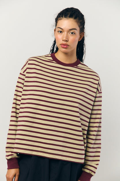 Cotton Border L/S Tee in Beige and Bordeaux