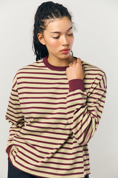 Cotton Border L/S Tee in Beige and Bordeaux