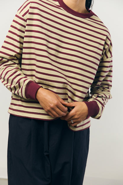 Cotton Border L/S Tee in Beige and Bordeaux