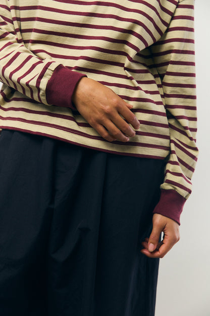 Cotton Border L/S Tee in Beige and Bordeaux