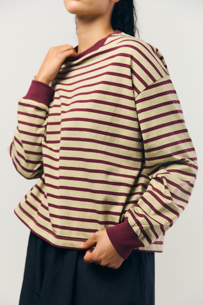 Cotton Border L/S Tee in Beige and Bordeaux
