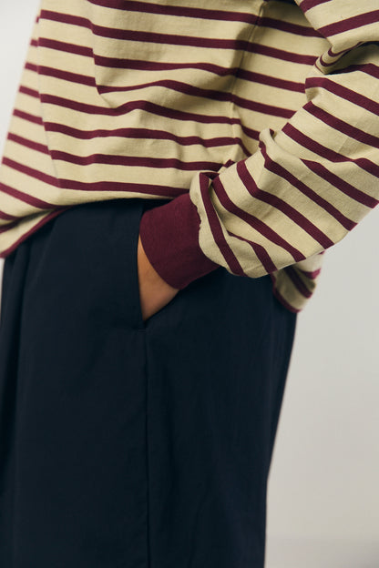 Cotton Border L/S Tee in Beige and Bordeaux