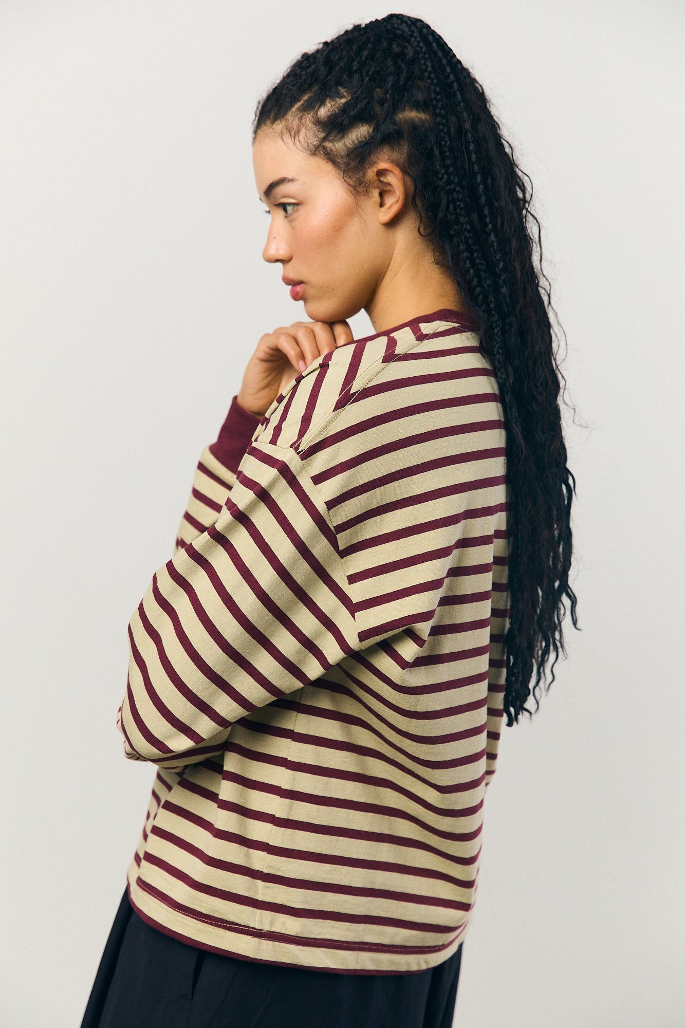 Cotton Border L/S Tee in Beige and Bordeaux