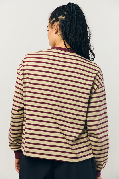 Cotton Border L/S Tee in Beige and Bordeaux