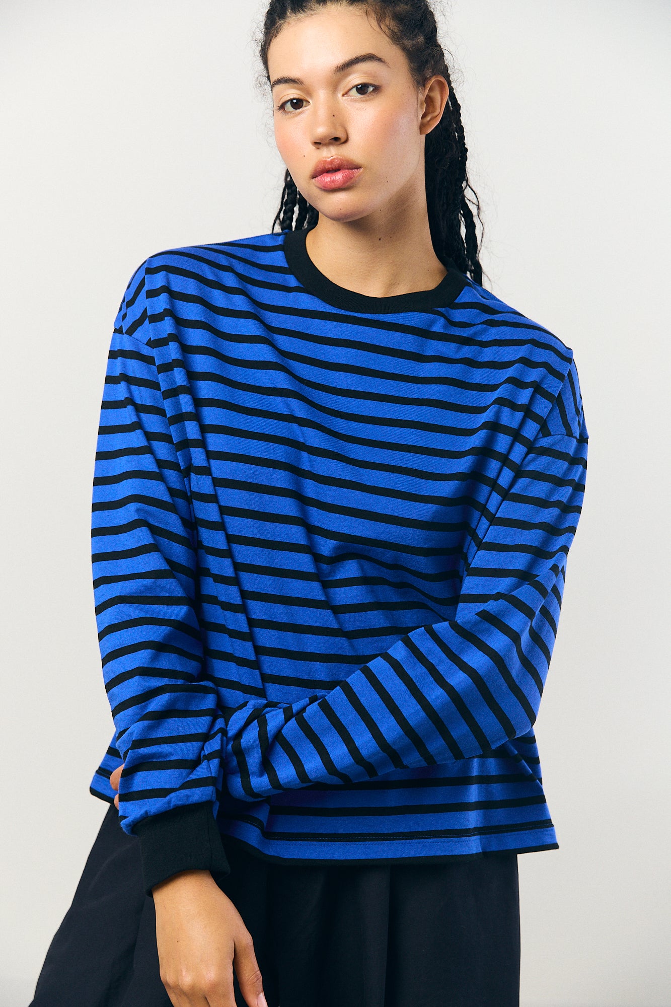 Cotton Border L/S Tee in Navy and Black