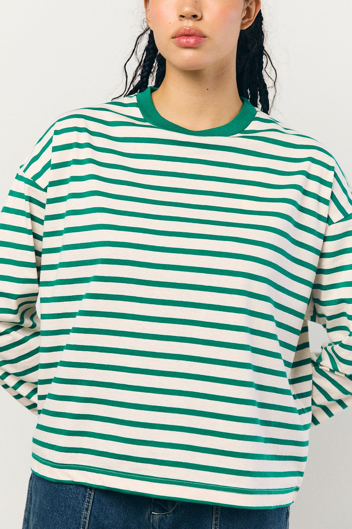 Cotton Border L/S Tee in Pink and Green