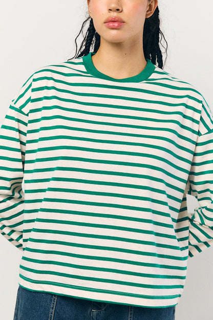 Cotton Border L/S Tee in Pink and Green
