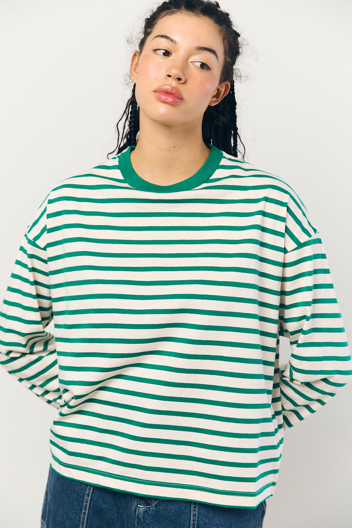 Cotton Border L/S Tee in Pink and Green
