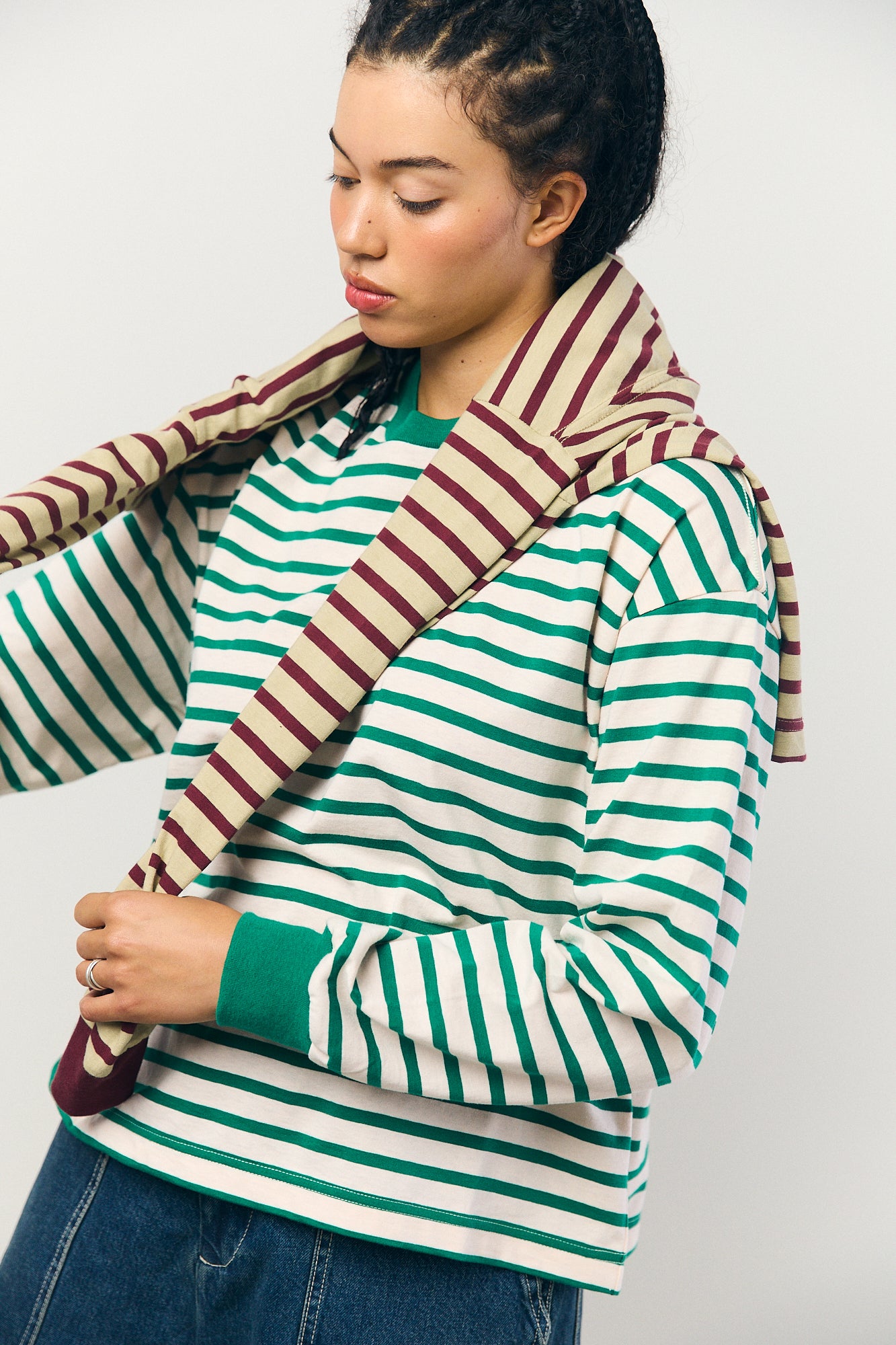 Cotton Border L/S Tee in Pink and Green