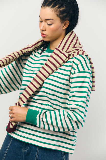 Cotton Border L/S Tee in Pink and Green