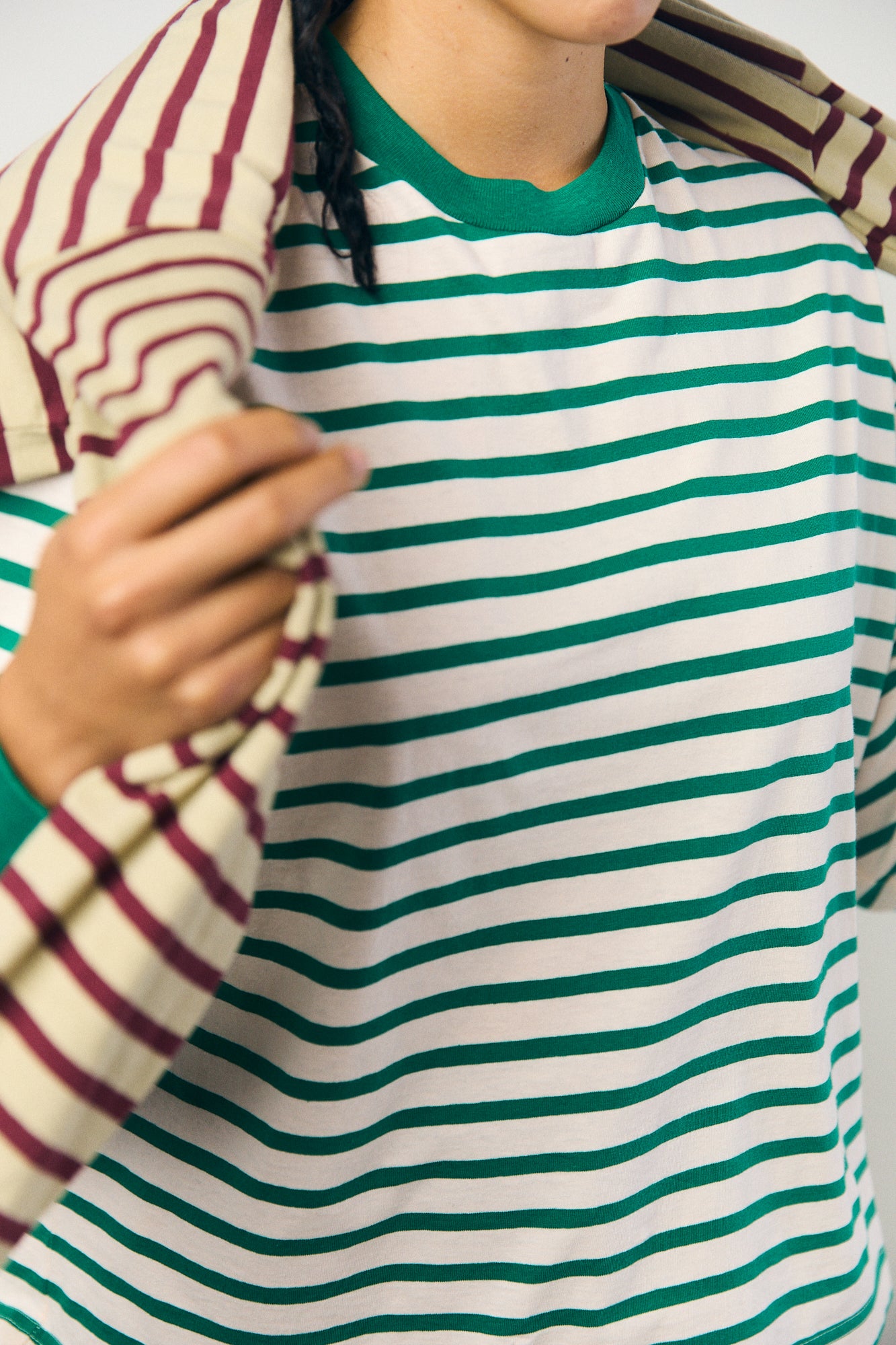 Cotton Border L/S Tee in Pink and Green