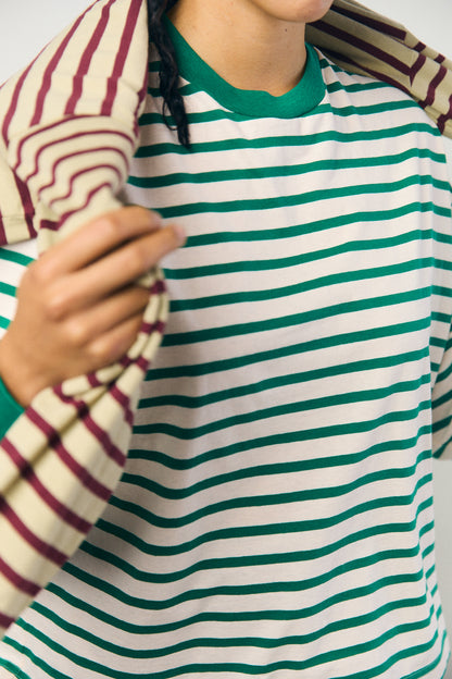Cotton Border L/S Tee in Pink and Green