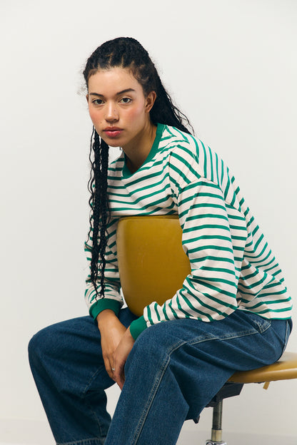 Cotton Border L/S Tee in Pink and Green