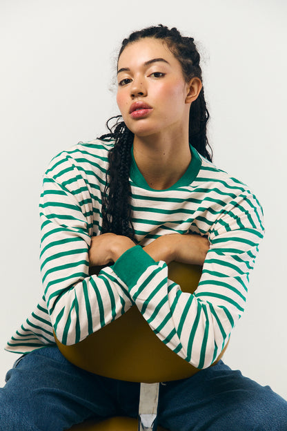 Cotton Border L/S Tee in Pink and Green