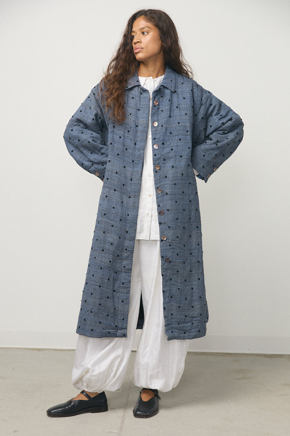 Embroidery Quilting Coat in Blue Grey