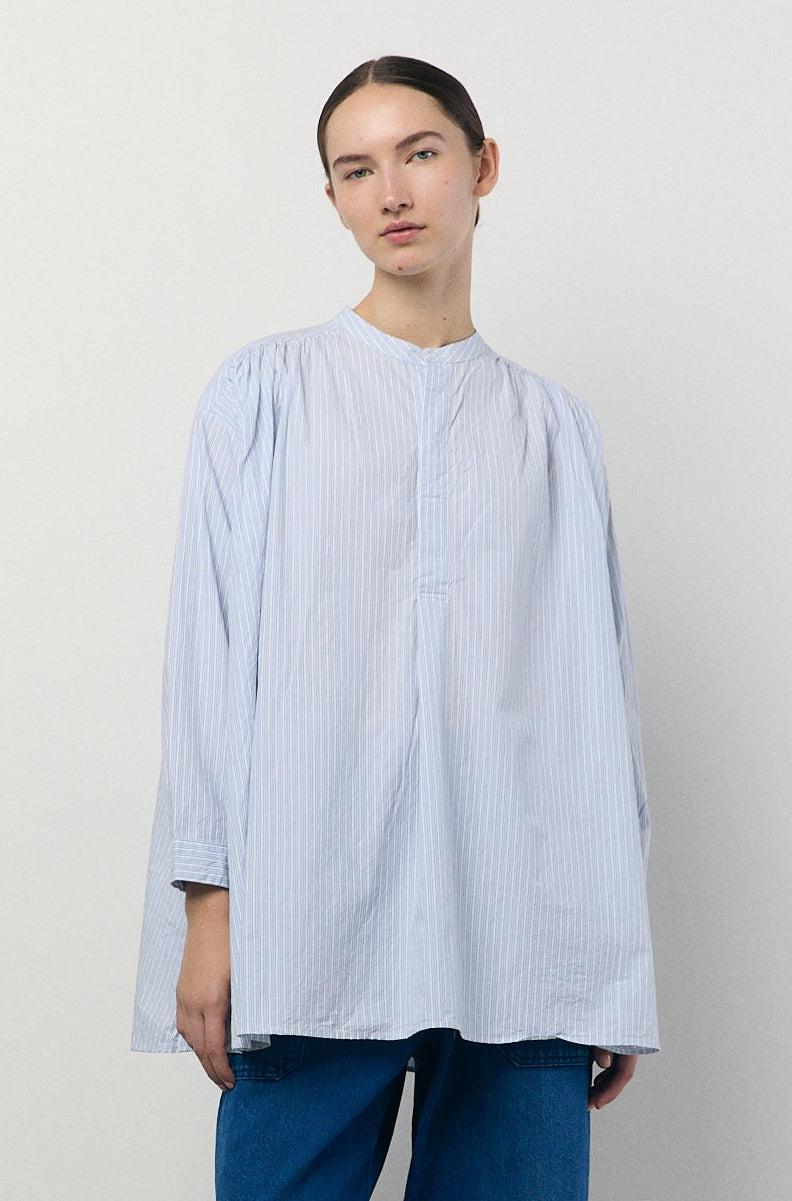 Pullover Shirt in Sax and Green Stripe