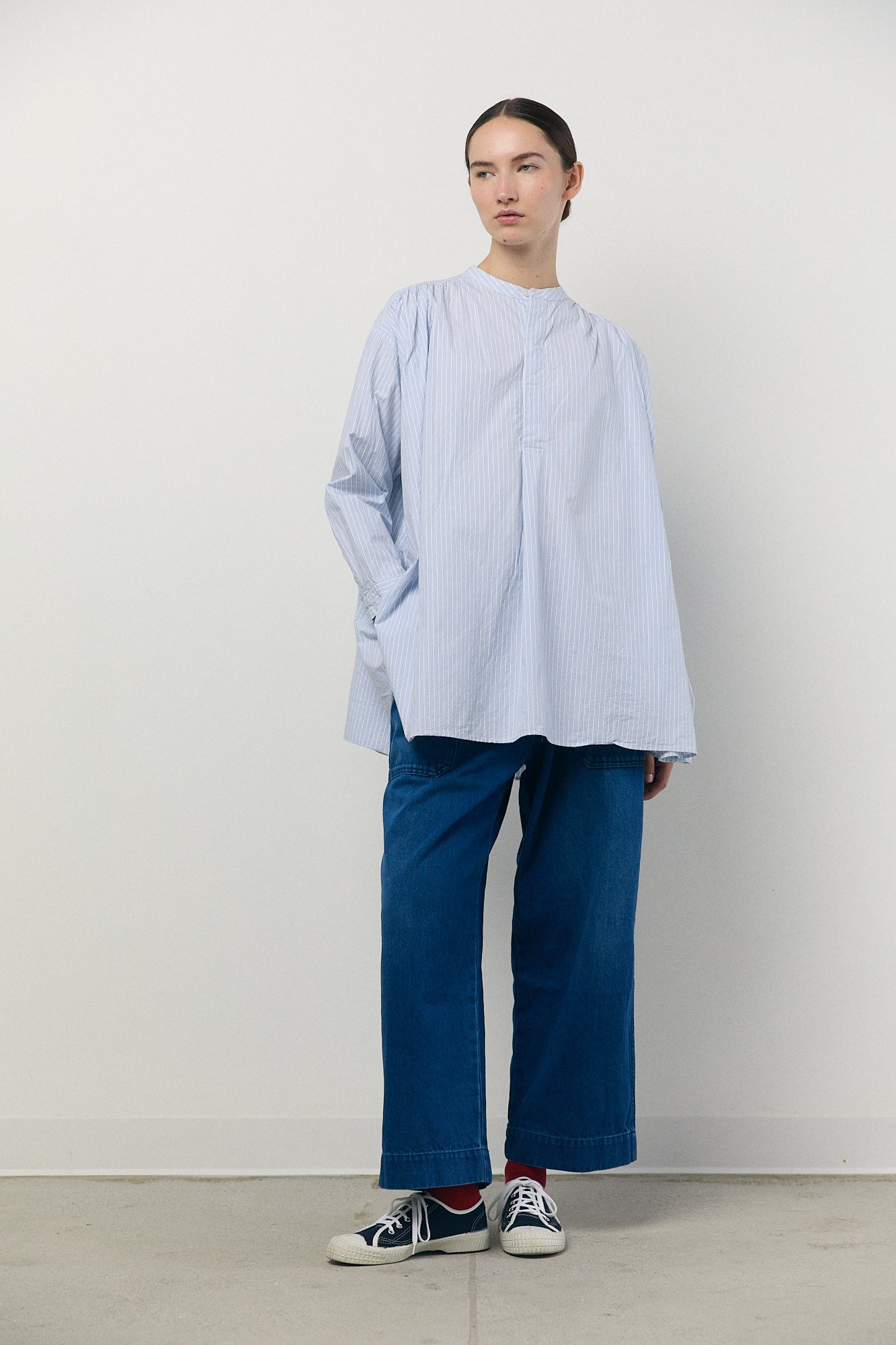 Pullover Shirt in Sax and Green Stripe