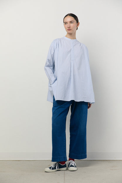 Pullover Shirt in Sax and Green Stripe